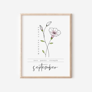 Puede incluir: Una impresión de arte imprimible con un dibujo lineal de una flor de gloria de la mañana con el texto "Morning Glory" y "love, purity, strength" y el mes de "September".