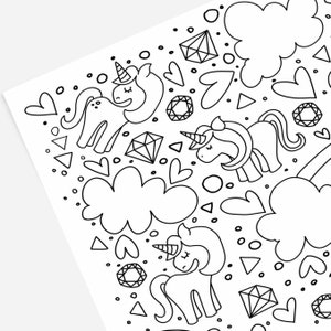 May include: Black and white line drawing of a repeating pattern of unicorns, hearts, clouds, and diamonds.