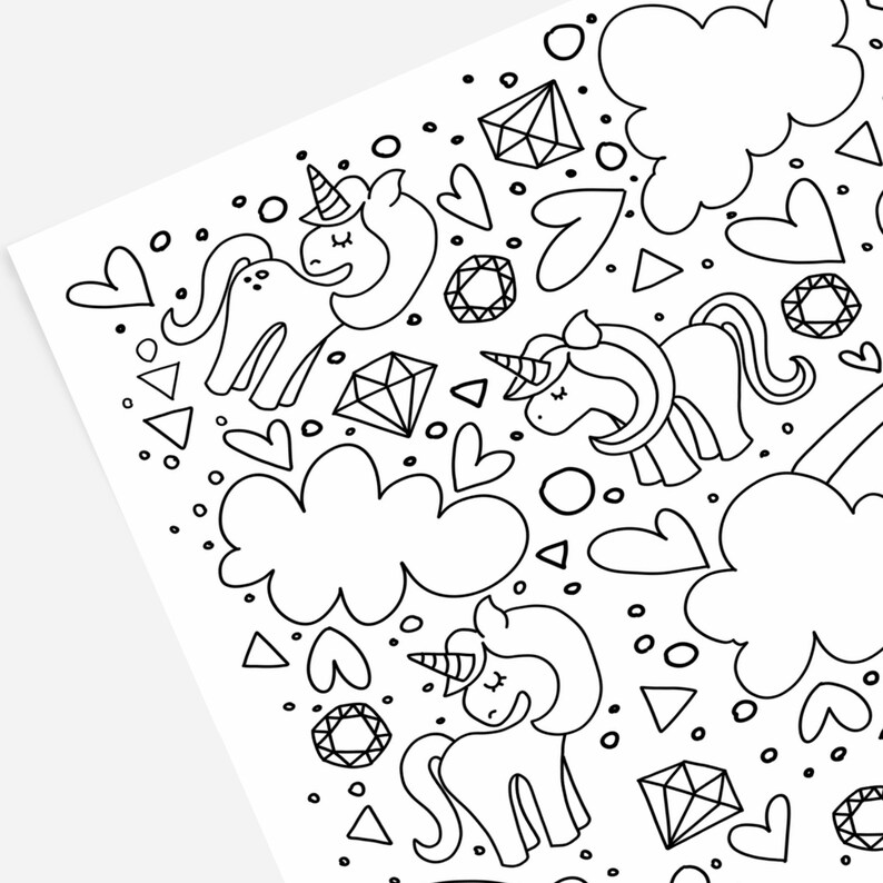 May include: Black and white line drawing of a repeating pattern of unicorns, hearts, clouds, and diamonds.