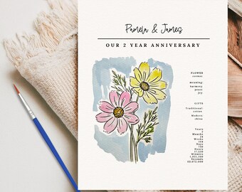 2nd Anniversary Flower | Hand Painted Cosmos Couples Gift | Personalized Name Art