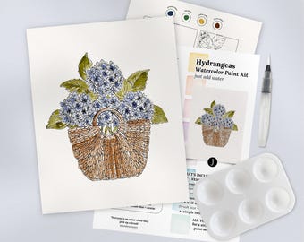 Hydrangea Basket Watercolor Paint Kit | All In One Art Set Gift, Family Paint Party, Date Night