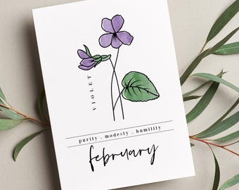 February Violet Birth Flower Digital Art Printable | Floral Birthday Gift