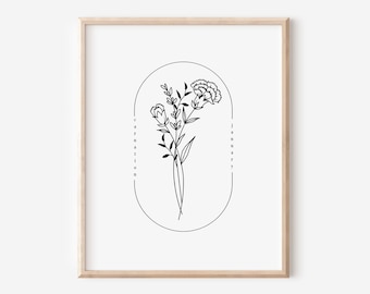 January Birth Flower Carnation | Simple Line Art Printable | Floral Wall Decor