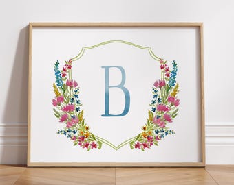 Cottage Flora Monogram Crest Art Print | Initial Letter Or Number Wall Decor