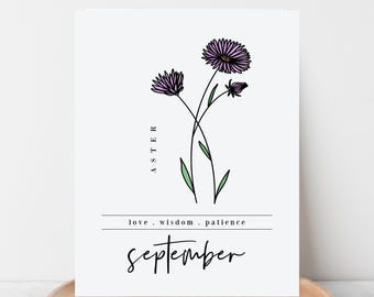 September Aster Birth Flower Printable | Floral Digital Wall Decor