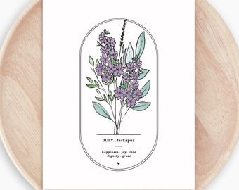 July Birth Flower Larkspur Art | Birthday Gift Floral Nursery Wall Decor