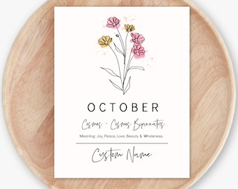 October Birth Flower Cosmos | Personalized Unframed Art Print | Custom Name Birthday Gift | Watercolor Floral Art Print