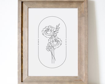 2 Pk June Rose Birth Flower Watercolor + Black & White Sketch | Oval Frame Simple Art Printables | Floral Inspired Gift for June Birthday