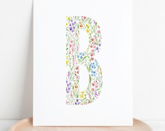 Painted Wildflower Field Initial Art | Monogram Print | Alphabet Botanical Letter Wall Art