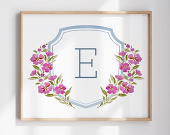 Pink Wild Rose Monogram Crest Art Print | Custom Number or Initials | Summer Rose Garden
