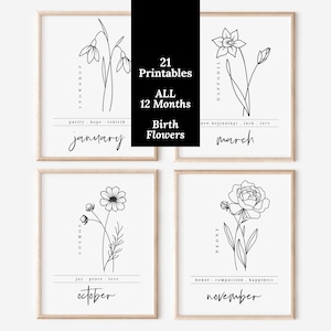 21 PK Birth Flower Bundle Printables | 12 Month Floral Line Art Black & White Wall Art Decor | Full Year of Birthday Gifts