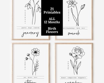 21 PK Birth Flower Bundle Printables | 12 Month Floral Line Art Black & White Wall Art Decor | Full Year of Birthday Gifts