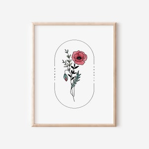 Flor de papoula de nascimento em agosto | Arte simples com moldura oval em aquarela para impressão | Presente inspirado no jardim