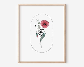 August Birth Flower Poppy | Watercolor Oval Frame Simple Art Printable | Garden Inspired Gift