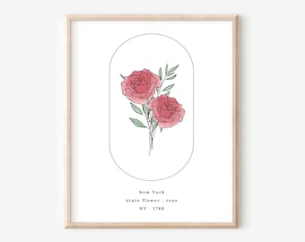 New York State Flower | Rose Watercolor Floral Art Printable | Statehood Art Digital Wall Decor