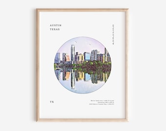 Austin Texas Facts & Watercolor Illustration Printable | Vacation Souvenir Wedding or Birthday Gift
