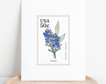 Texas US State Flower Stamp | Bluebonnet Watercolor Floral Art Printable