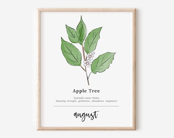 August Apple Tree Birth Wood Printable | Sketch & Watercolor Art