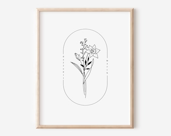 March Birth Flower Daffodil | Oval Frame Simple Art Printable | Garden Inspired Birthday Gift