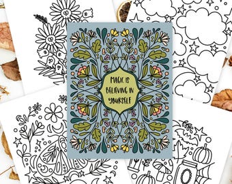 30 Pk Magical Fall Printable Coloring Pages | Hand-Drawn Floral Moon Mushroom Magic | Relaxing Witchy Autumn Vibes
