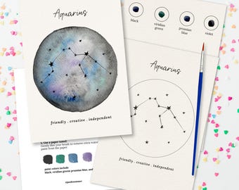 Couples Zodiac Star Chart Paint Kits | 2 Pre-Sketched 5X7 in Cards + Brush and Watercolor Paints for Date Night