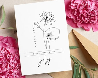 July Birth Flower Water Lily | Black & White Art Printable | Birthday Gift