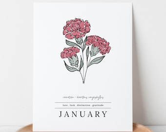 January Carnation Birth Flower Printable | Digital Floral Illustration Birthday Gift