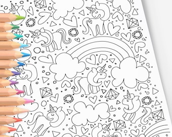 Unicorns & Rainbows Coloring Page | Digital Coloring Sheet | Magical Birthday Activity Game | Free Tester Blender Sheets