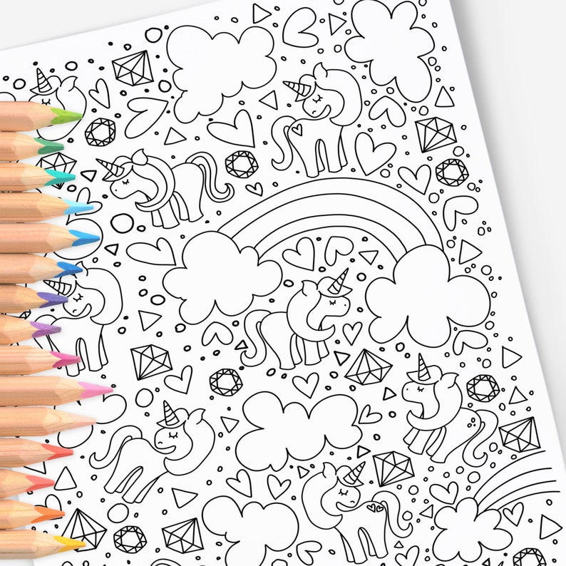 May include: A black and white coloring page featuring a rainbow, clouds, and multiple unicorns with hearts and diamonds.