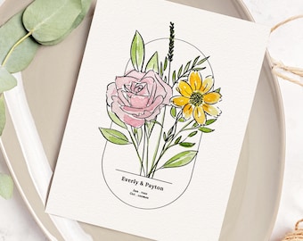 Hand Painted Couples Birth Flower Bouquet Print | Personalized Watercolor Wedding Gift | Couples Anniversary Keepsake