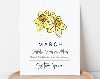 Custom Name March Birth Flower Daffodil | Personalized Digital Printable | Birth Month Birthday Gift