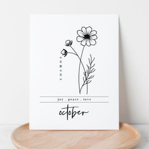 October Birth Flower Cosmos Printable | Black & White Birthday Anniversary Gift