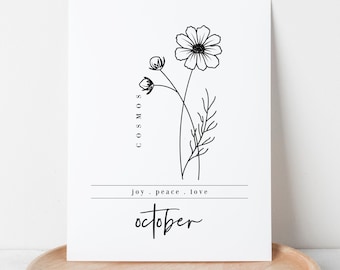 October Birth Flower Cosmos Printable | Black & White Birthday Anniversary Gift
