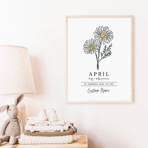 April Daisy Birth Flower Personalized Name Unframed Art Print Custom Gift for Birthdays Birth Flower Vinyl Sticker Add On image 3