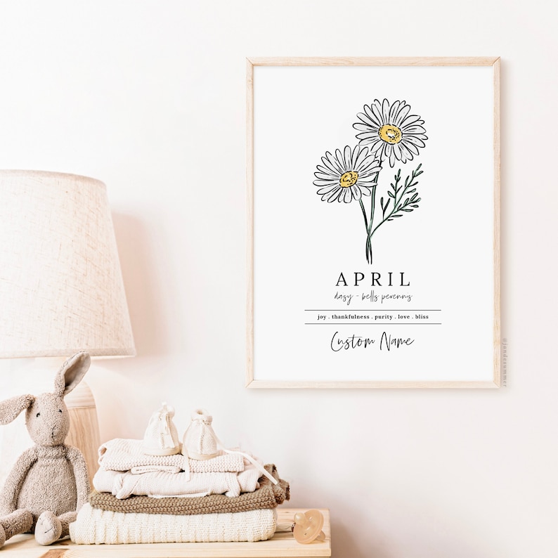 April Daisy Birth Flower Personalized Name Unframed Art Print Custom Gift for Birthdays Birth Flower Vinyl Sticker Add On image 3