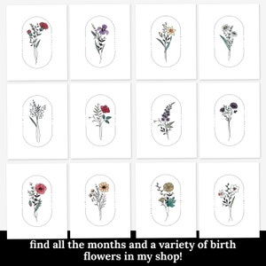 May include: A collection of twelve white art prints, each featuring a different birth flower design within an oval frame. The flowers are illustrated with delicate lines and colored accents. The text at the bottom reads: find all the months and a variety of birth flowers in my shop!