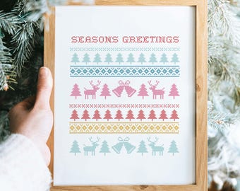 Seasons Greetings Art Printable | Festive Christmas Decorations | Colorful Sweater