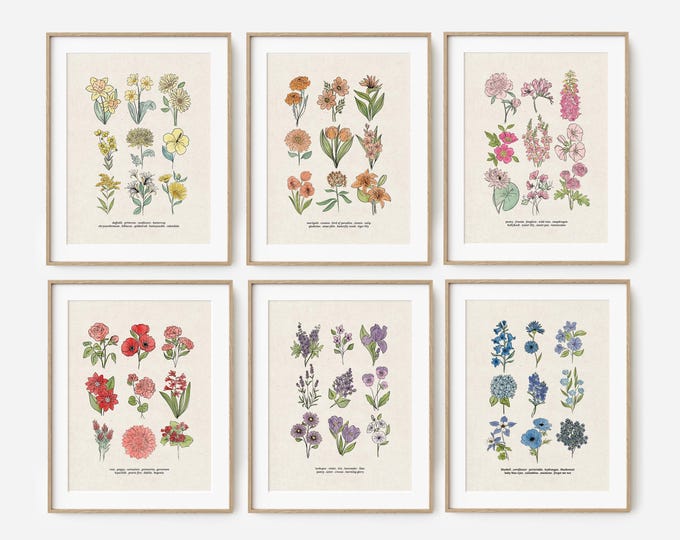 Featured listing image: 6 Flower Charts Unframed Art Prints | Unframed Antique Style | Yellow Orange Pink Red Purple Blue Floral Garden Inspired Art