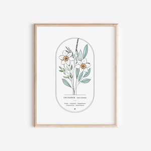 Dezembro Nascimento Flor Narciso | Arte simples com moldura oval em arco para impressão