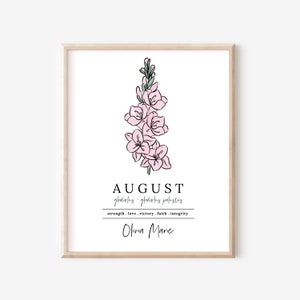 August Gladiolus Birth Flower Personalized Name Unframed Art Print | Custom Gift for Birthdays | Nursery Wall Decor | Floral Wall Decor