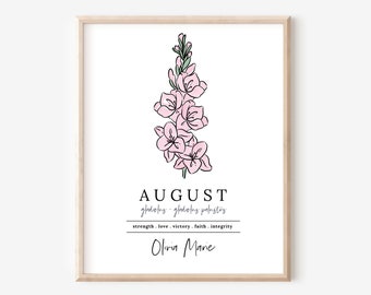 August Gladiolus Birth Flower Personalized Name Unframed Art Print | Custom Gift for Birthdays | Nursery Wall Decor | Floral Wall Decor