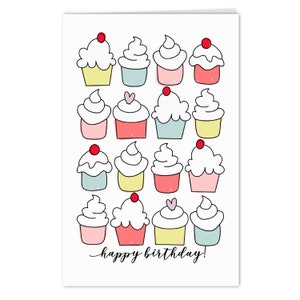 Gelukkige afdrukbare verjaardagskaart | Leuke geïllustreerde verjaardagskaart voor een cupcakefeestje