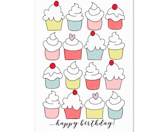 Happy Birthday Printable Card | Cute Cupcake Party Illustrated Birthday Card