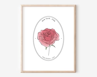 New York US State Flower Cameo Style | Rose Watercolor Floral Art Printable