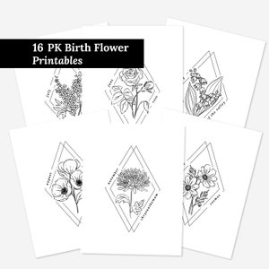 16 Pk Birth Flower Bundle Printables | 12 Months Diamond Frame Floral Line Art Digital Wall Decor