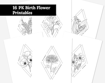 16 Pk Birth Flower Bundle Printables | 12 Months Diamond Frame Floral Line Art Digital Wall Decor