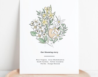 Custom State Flower Bouquet Unframed Print | Up to 6 Flowers | Personalized Floral Digital Art Print Home State Travel Souvenir Gift