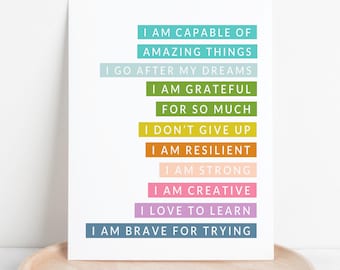 I Am Capable & Positive Affirmations | Colorful Rainbow Art Print | Motivational Wall Decor Prints for Kids Teens Office