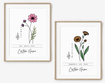 October Birth Flower Unframed Art Print | Personalized Name Custom Floral Illustration Wall Decor Birthday Gift