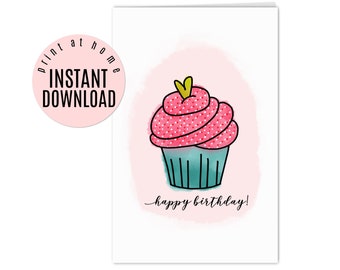 Happy Birthday Card Printable | Watercolor Cupcake Digital Card | Birthday Card for Mom